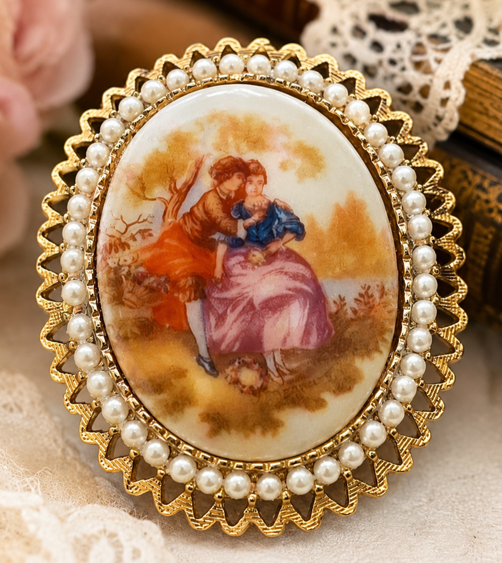Vintage Denise Fragonard Courting Couple Brooch Pendant Faux Pearl Victorian 2"